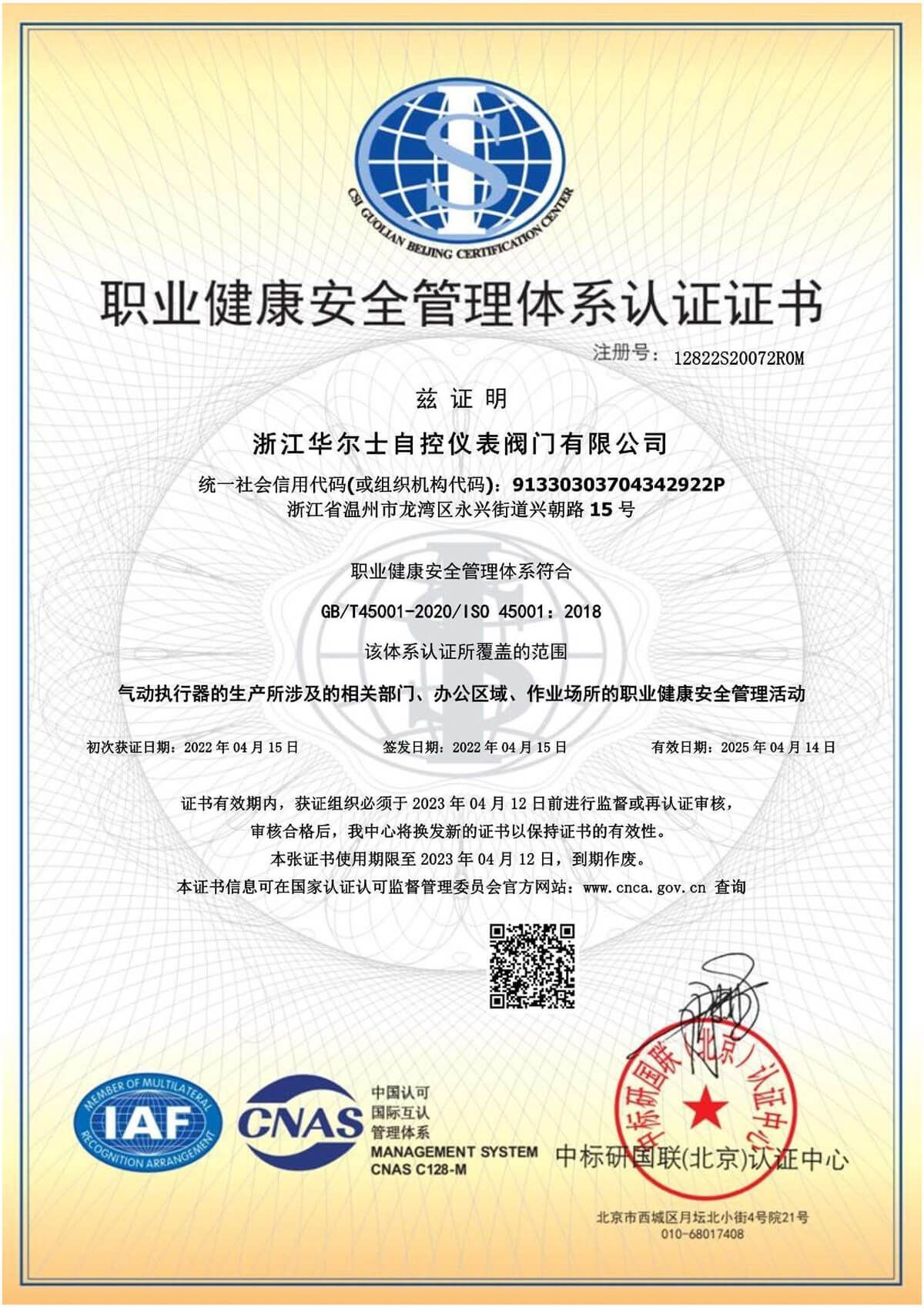 职业健康体管理系证书――中文